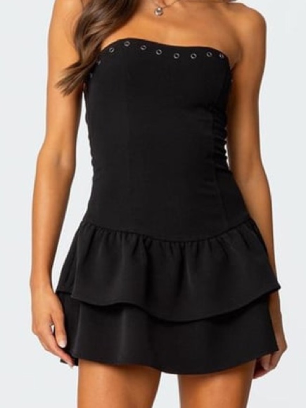 Edikted Womens Double Ruffle Drop Waist Mini Dress Size L Black Grommet Y2K